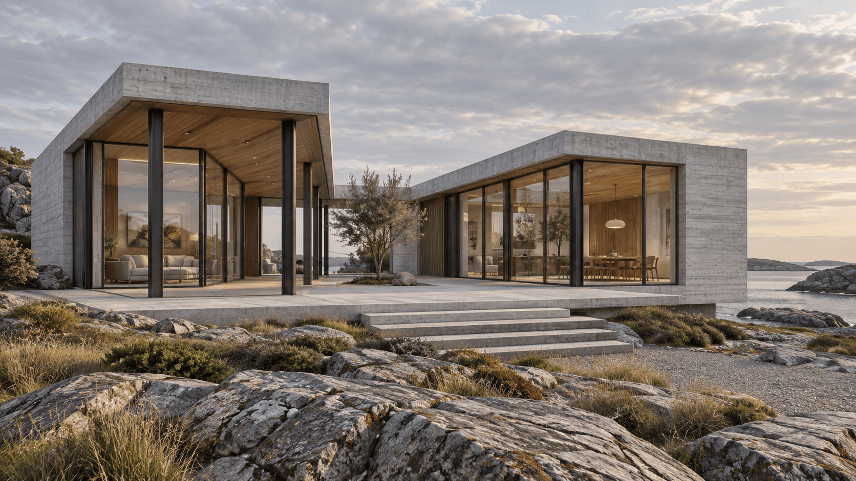 Concept pavilion with concrete volumes, slender steel columns and warm timber around a coastal courtyard