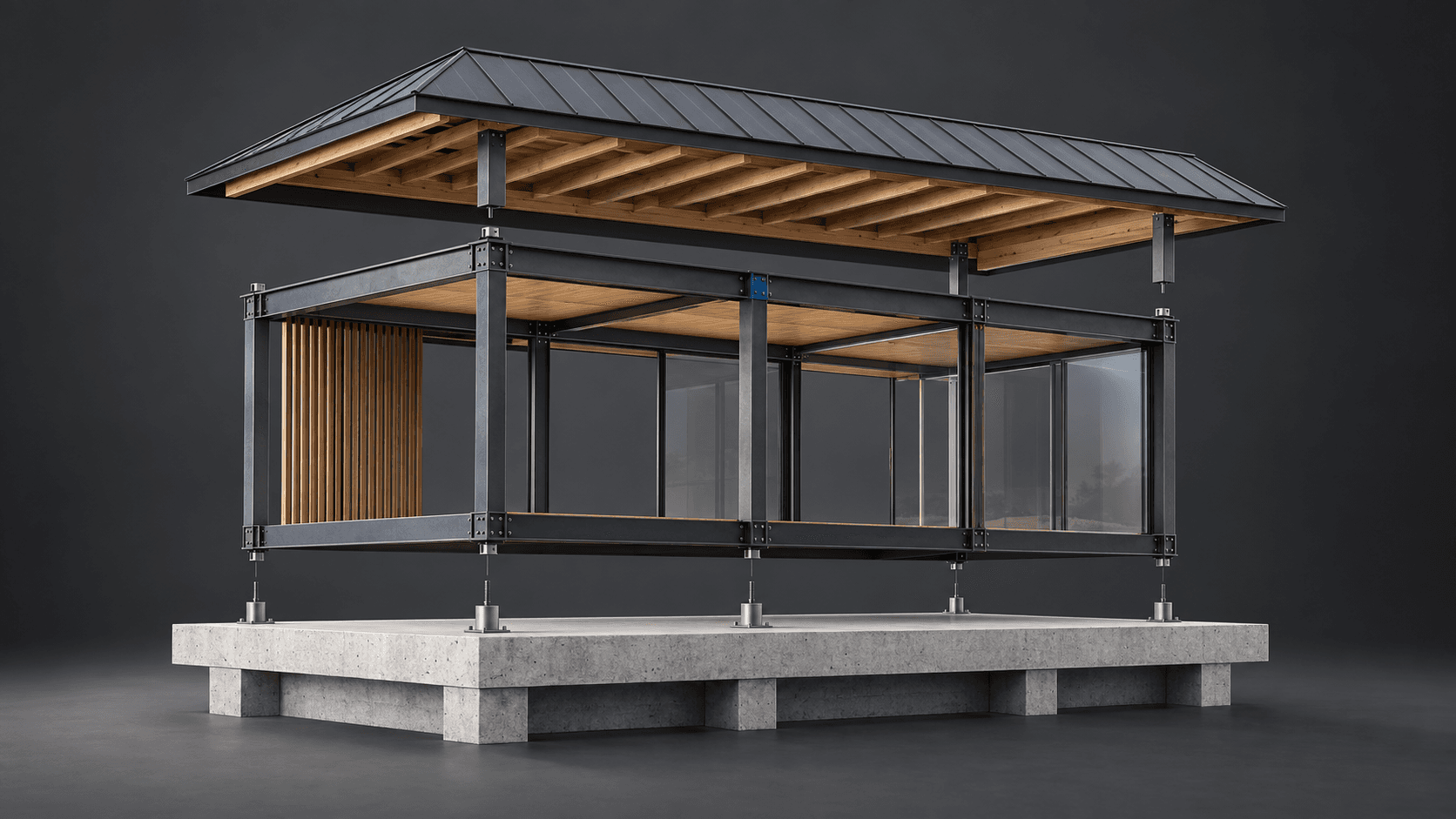 Exploded pavilion concept showing an elevated metal roof with timber rafters, a glazed steel frame and a separate concrete foundation