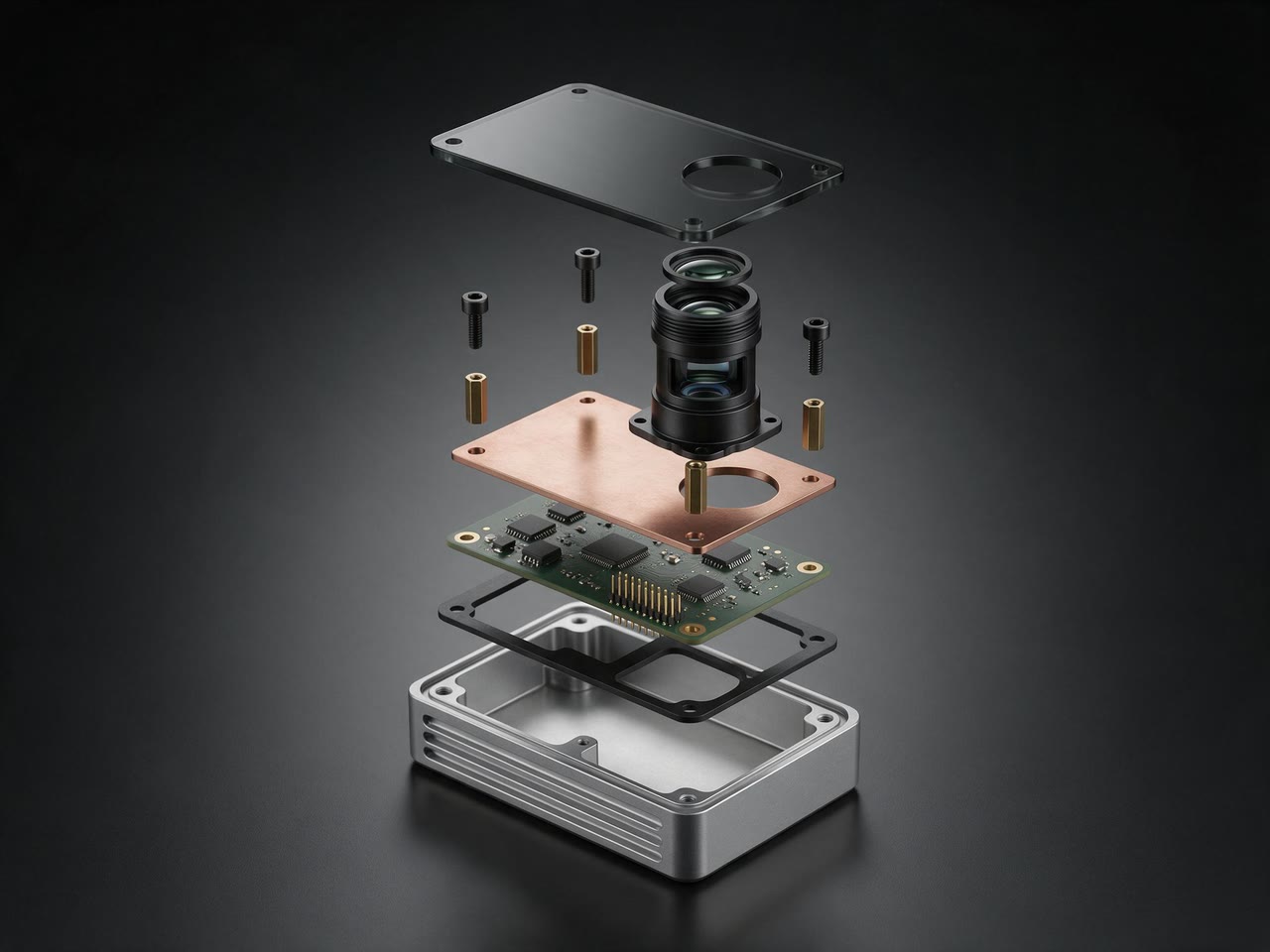 Concept render of a sensor enclosure exploded vertically: finned aluminium base, gasket, unmarked circuit board, copper heat spreader, lens barrel and glass cover